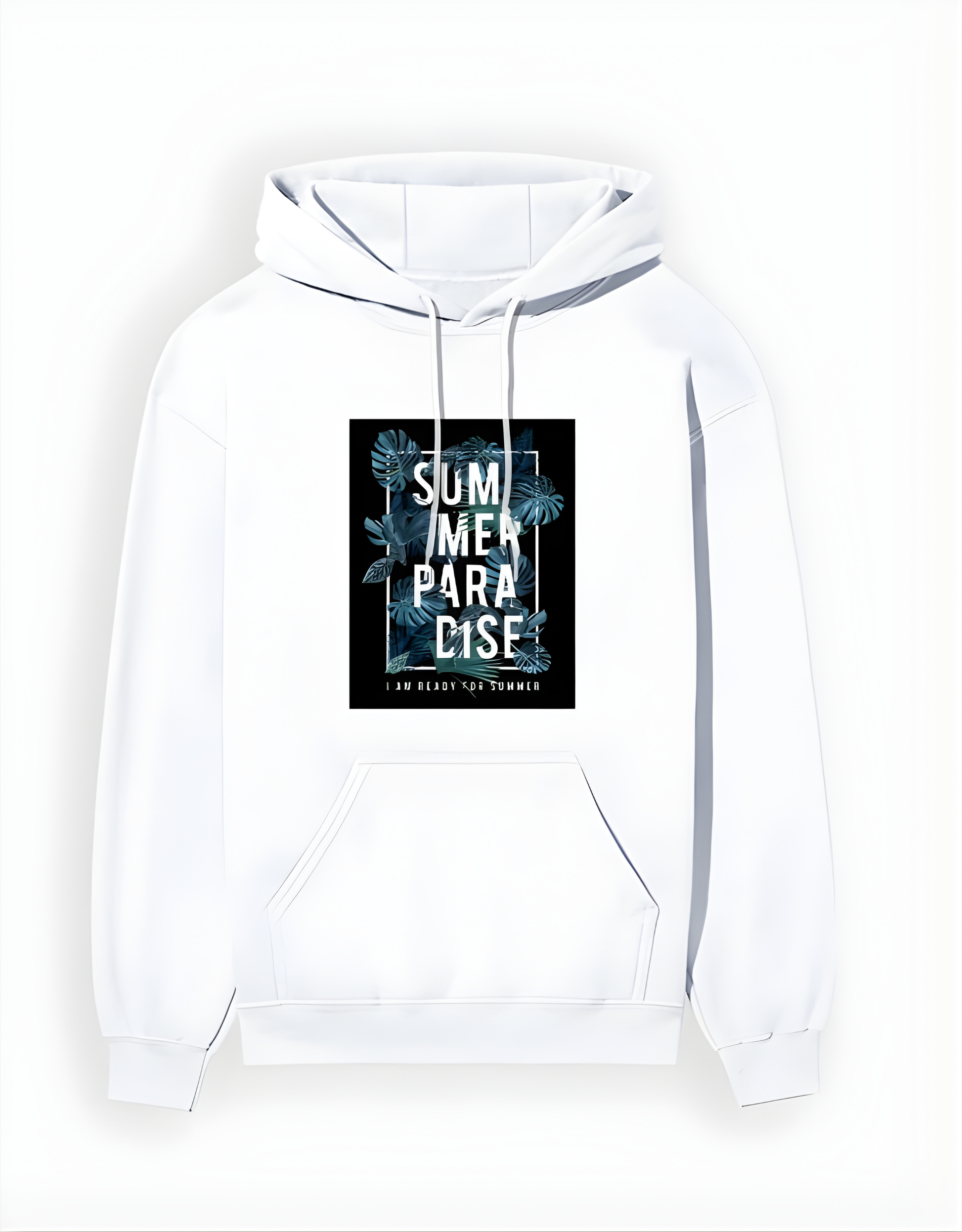 White hoodie with a graphic design on a white background