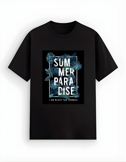 Black t-shirt with floral design and text on a white background