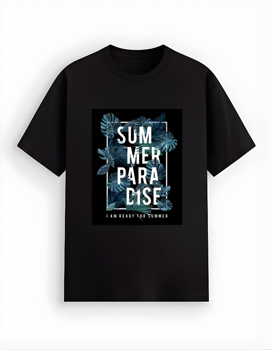 Black t-shirt with floral design and text on a white background