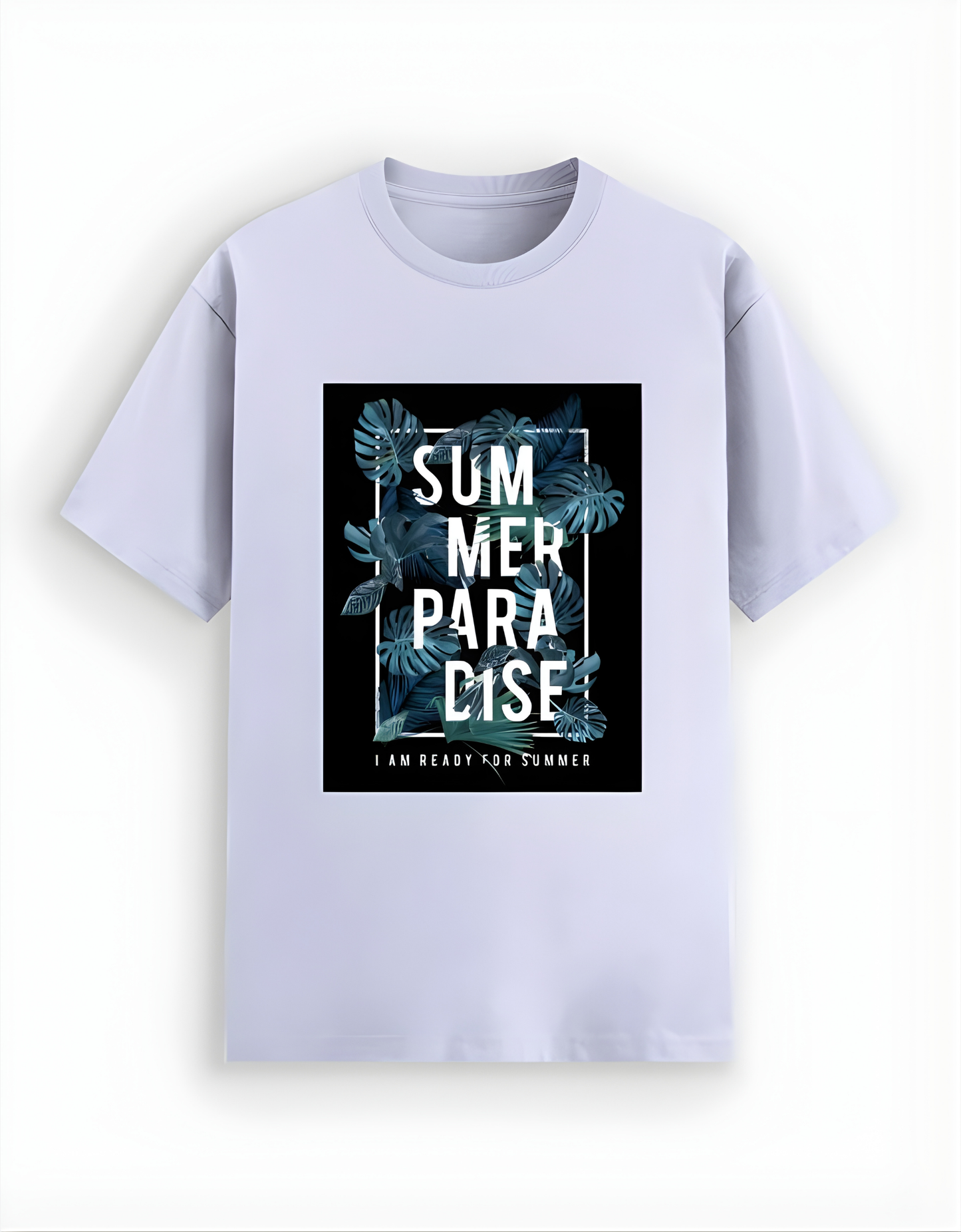 Light purple t-shirt with 'Summer Paradise' graphic design on a white background