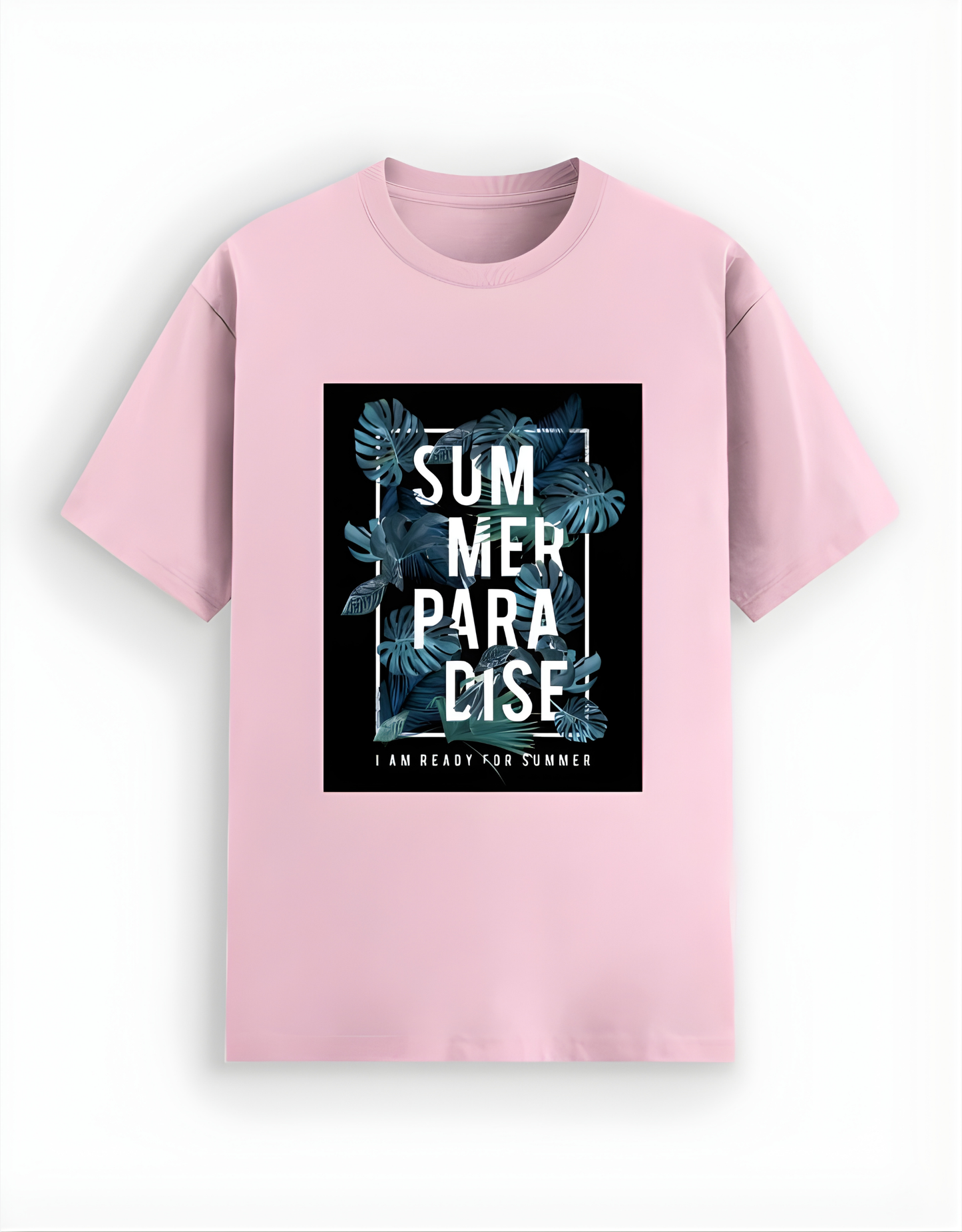 Pink t-shirt with 'Summer Paradise' design on a white background