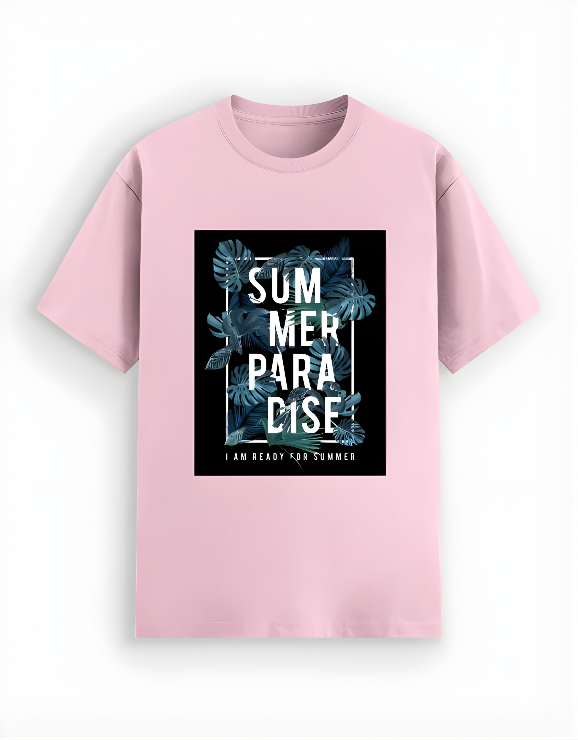 Pink t-shirt with 'Summer Paradise' design on a white background