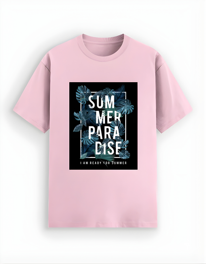 Pink t-shirt with 'Summer Paradise' design on a white background