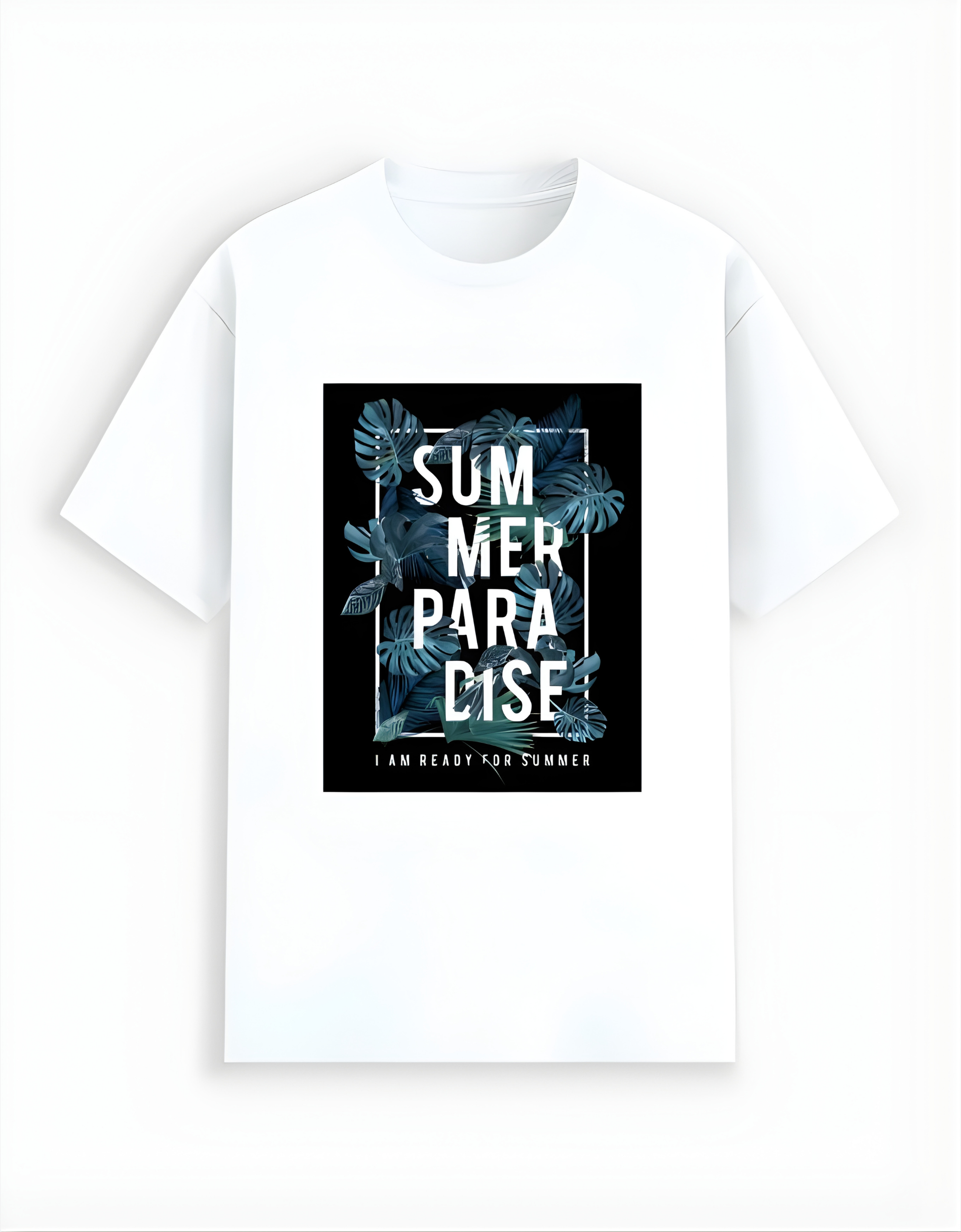 White t-shirt with 'Summer Paradise' graphic design on a white background