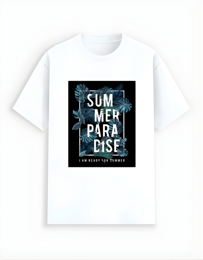 White t-shirt with 'Summer Paradise' graphic design on a white background