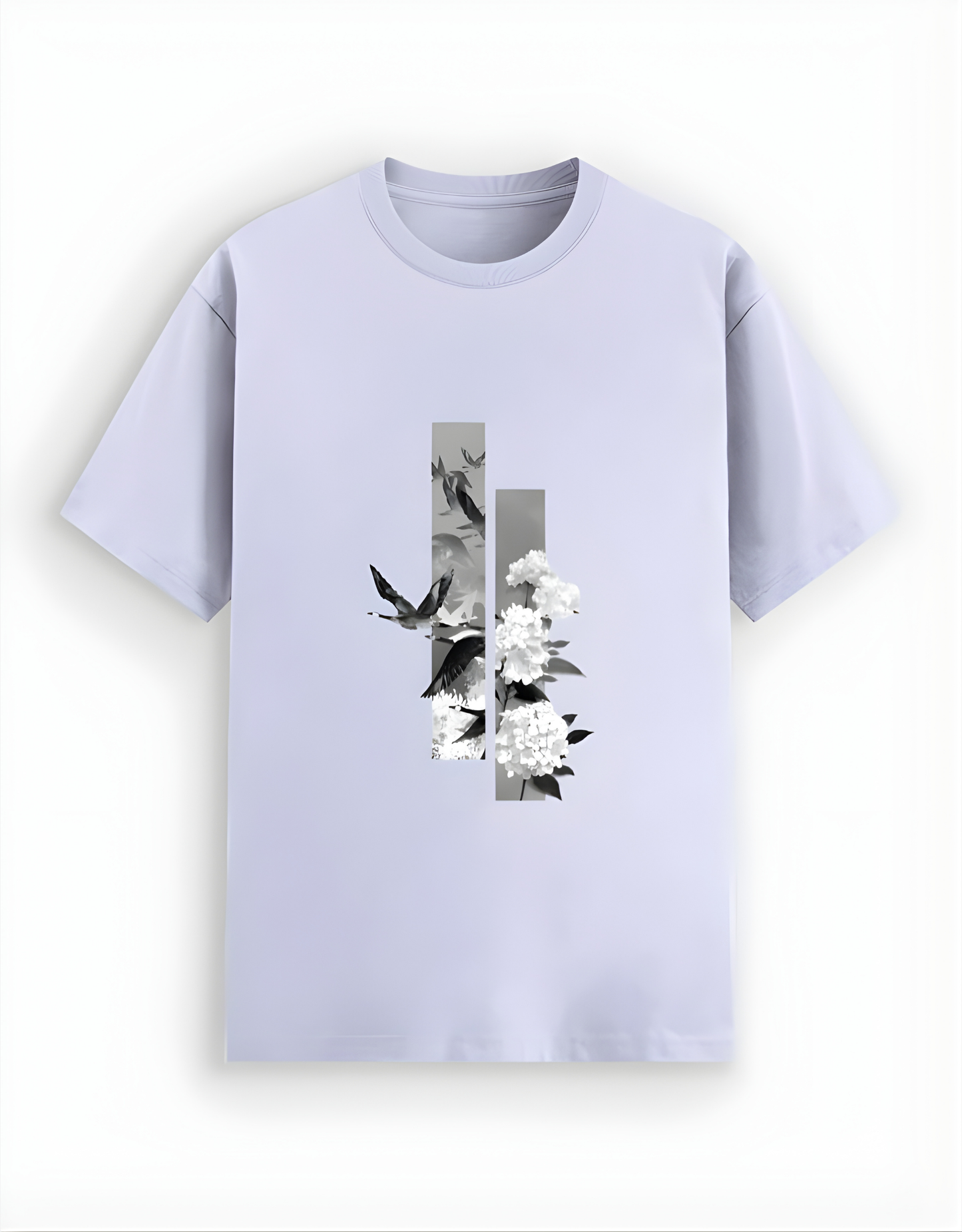 Light purple t-shirt with floral and bird design on a white background