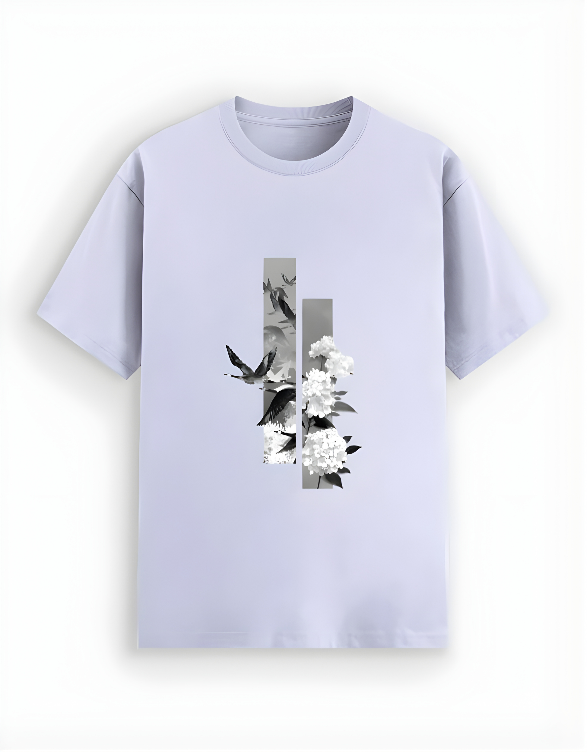 Light purple t-shirt with floral and bird design on a white background