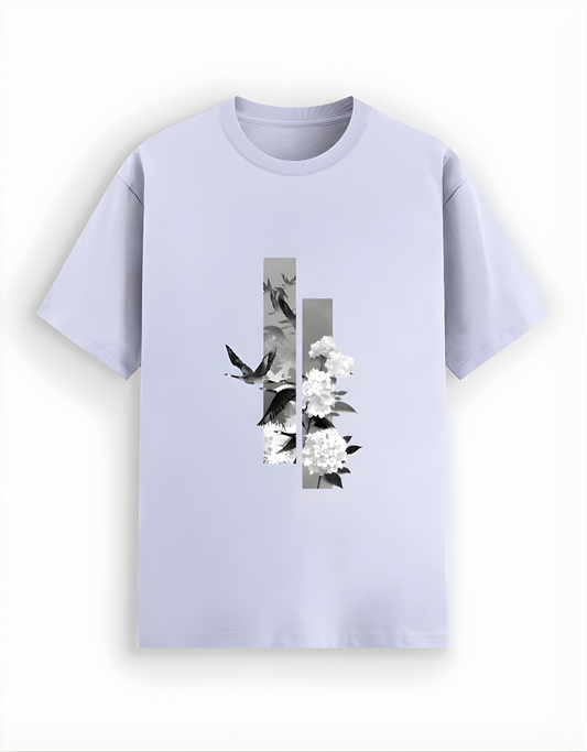 Light purple t-shirt with floral and bird design on a white background