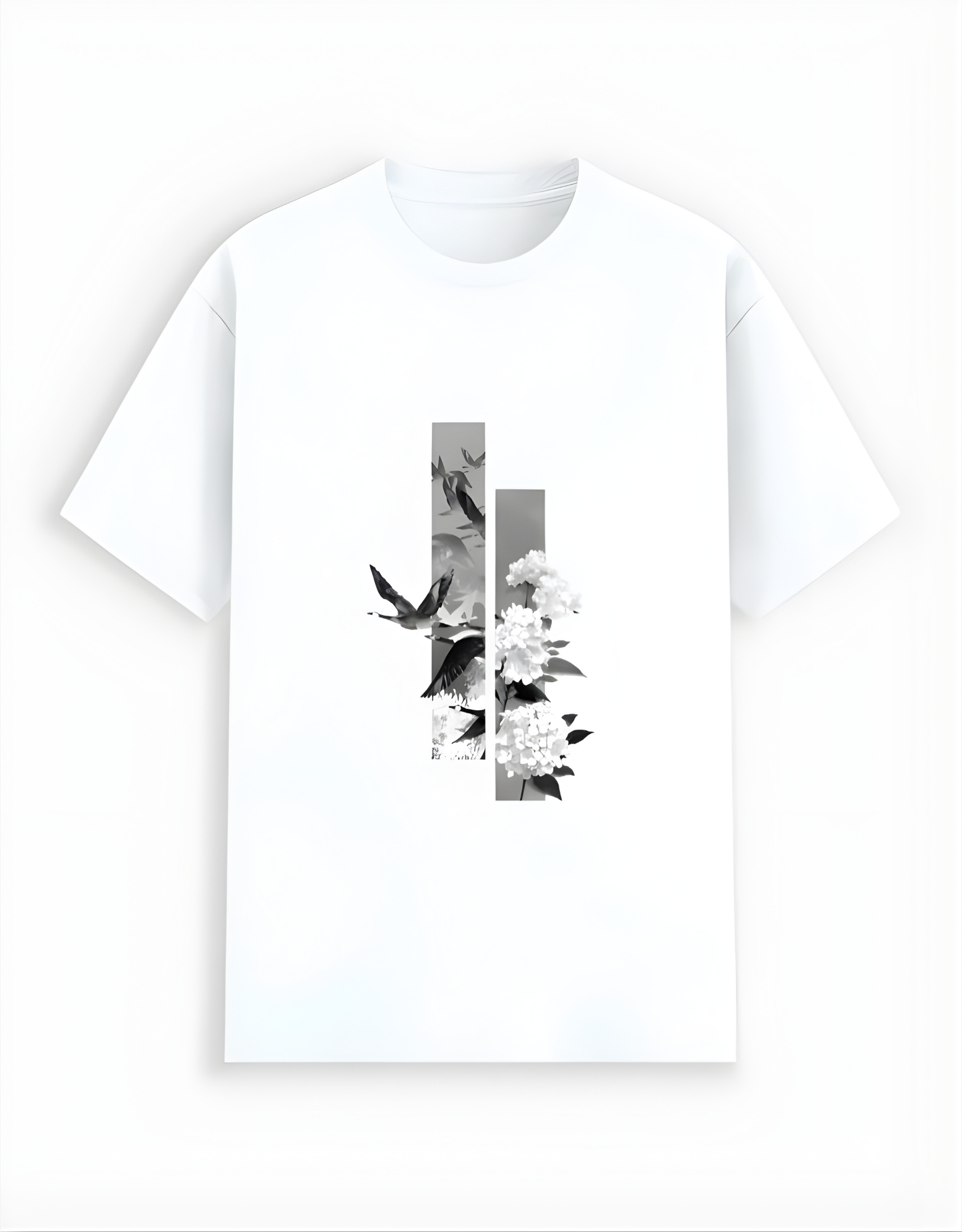 White t-shirt with black and gray abstract design on a white background