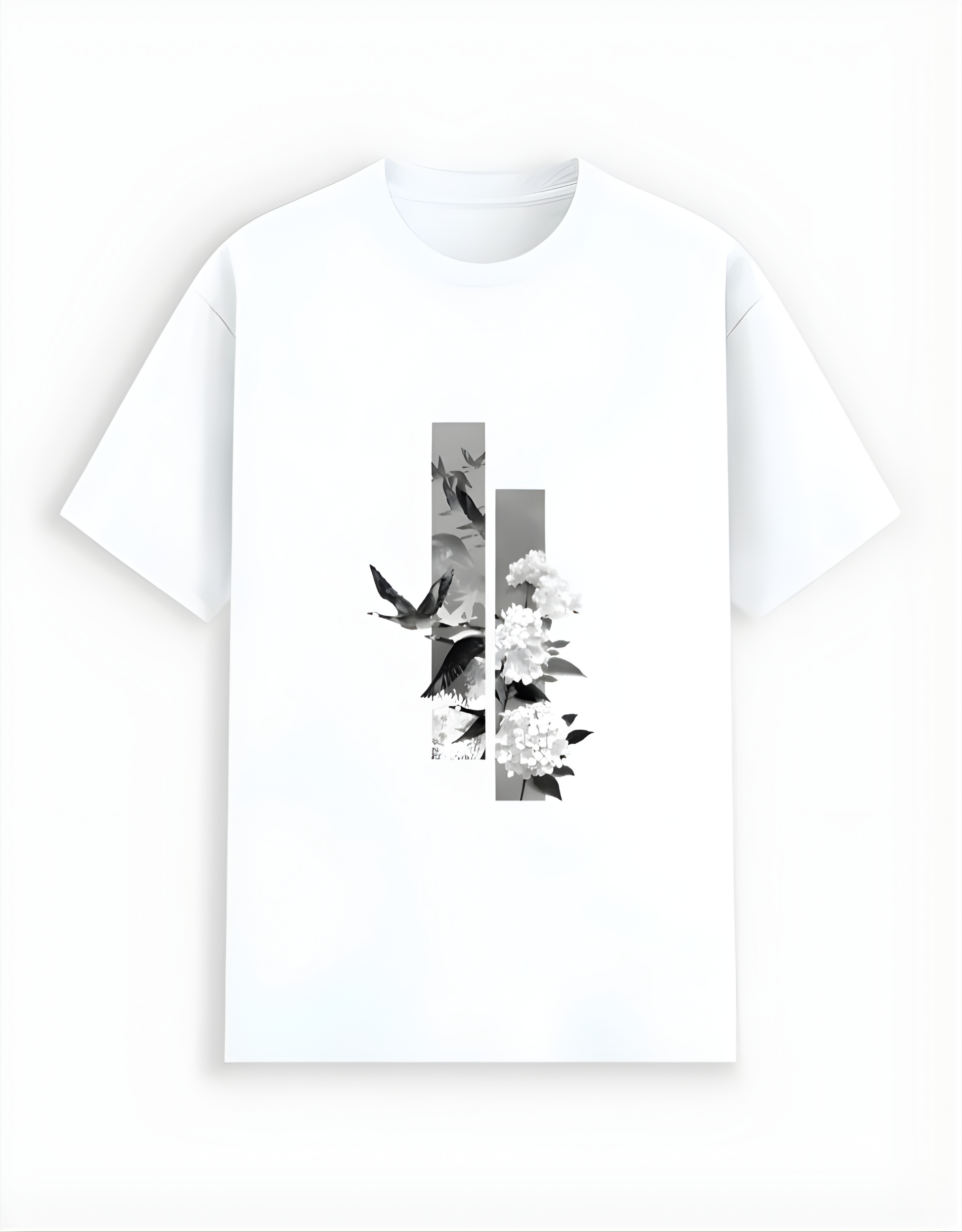 White t-shirt with black and gray abstract design on a white background