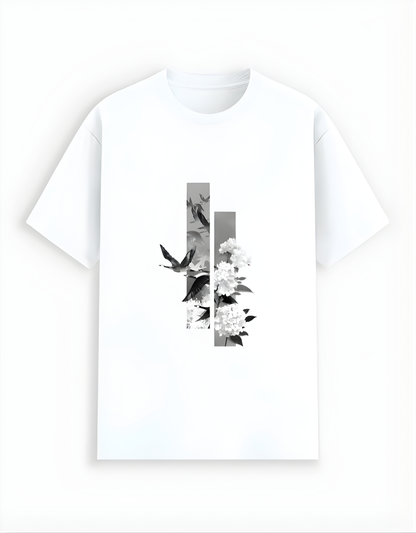 White t-shirt with black and gray abstract design on a white background