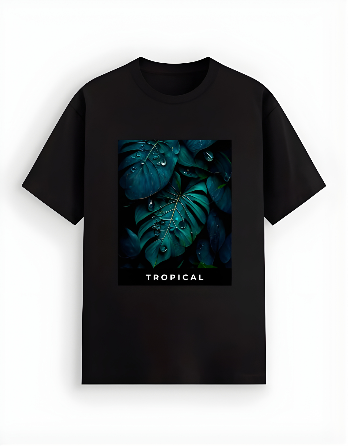 Black t-shirt with a tropical leaf design and 'Tropical' text on a white background