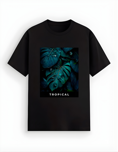 Black t-shirt with a tropical leaf design and 'Tropical' text on a white background