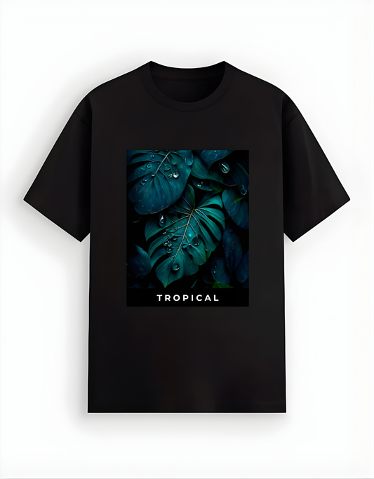 Black t-shirt with a tropical leaf design and 'Tropical' text on a white background