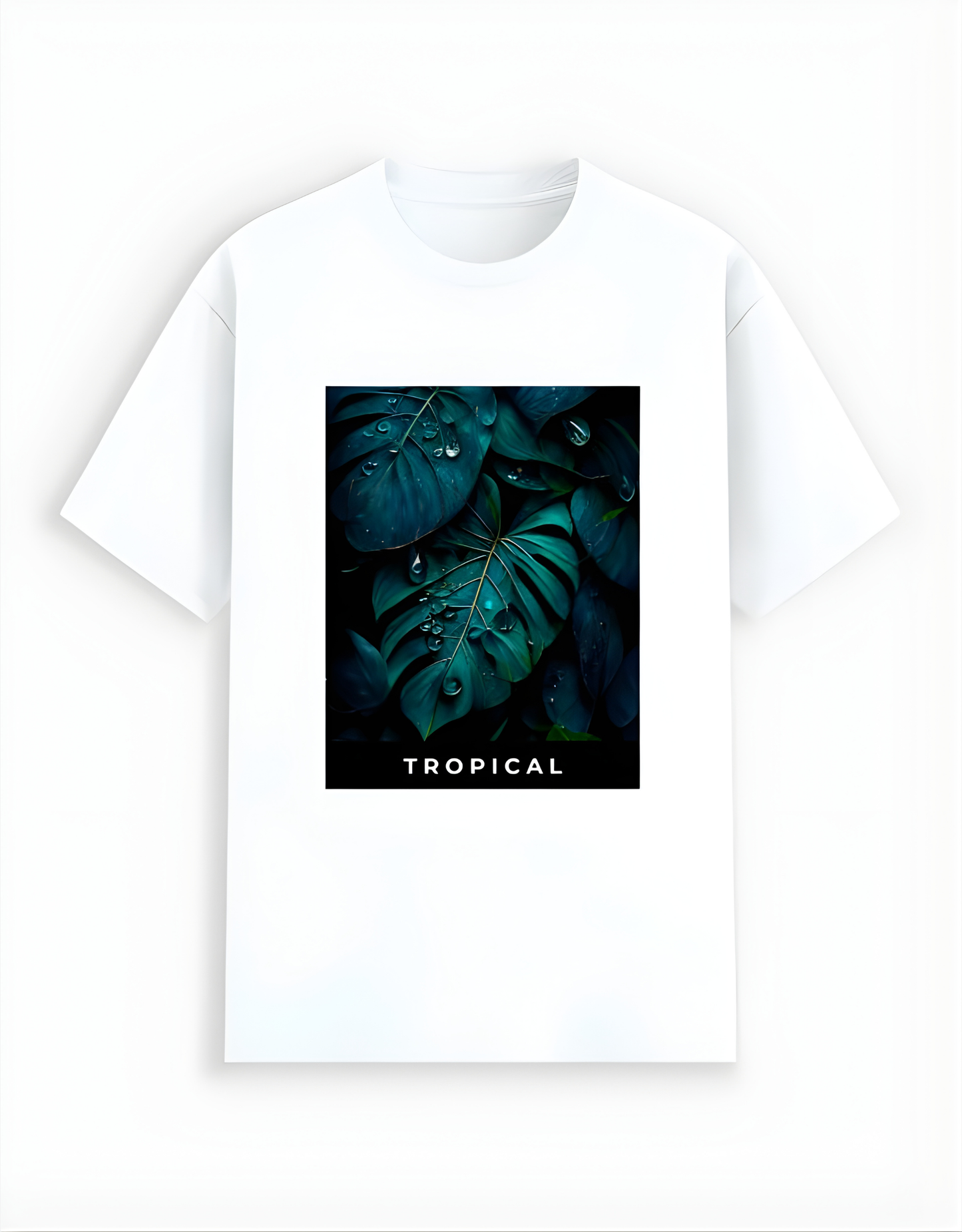 White t-shirt with a tropical leaf design and 'Tropical' text on a white background