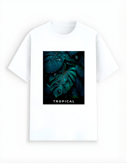 White t-shirt with a tropical leaf design and 'Tropical' text on a white background