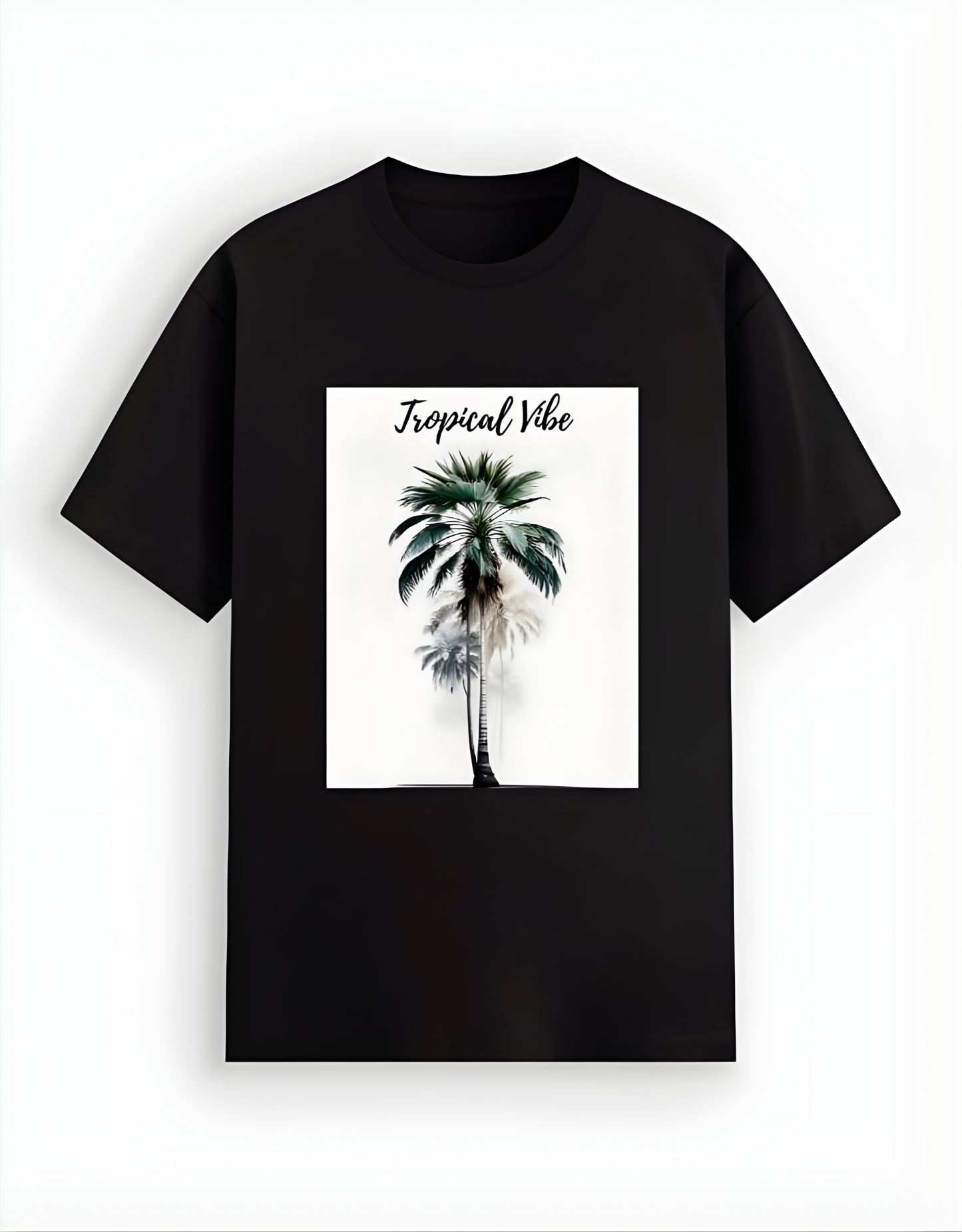 Black t-shirt with a palm tree design and 'Tropical Vibe' text on a white background