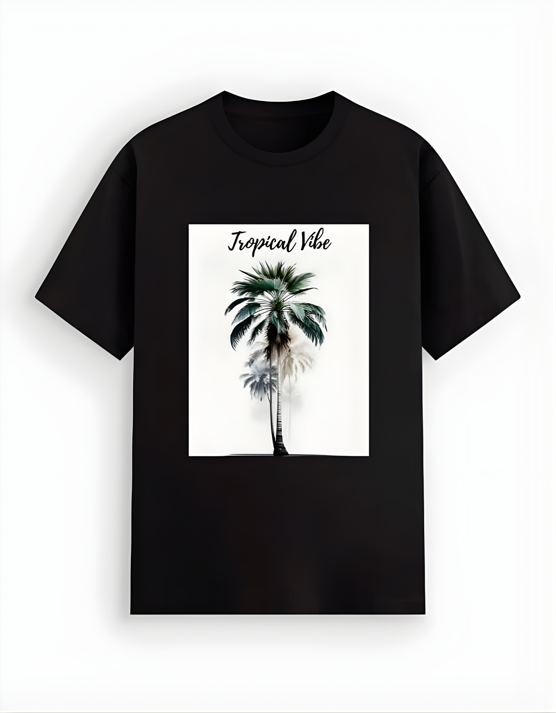 Black t-shirt with a palm tree design and 'Tropical Vibe' text on a white background