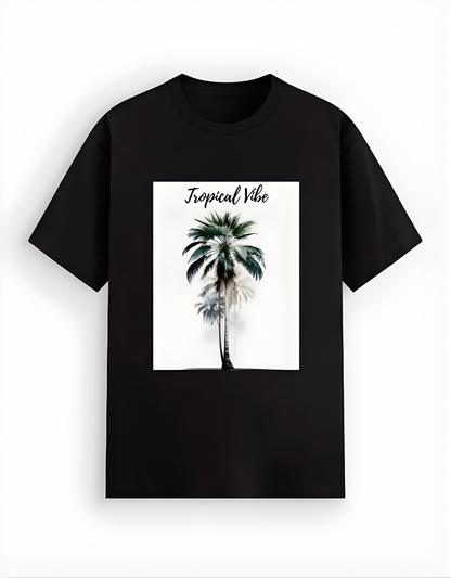 Black t-shirt with a palm tree design and 'Tropical Vibe' text on a white background