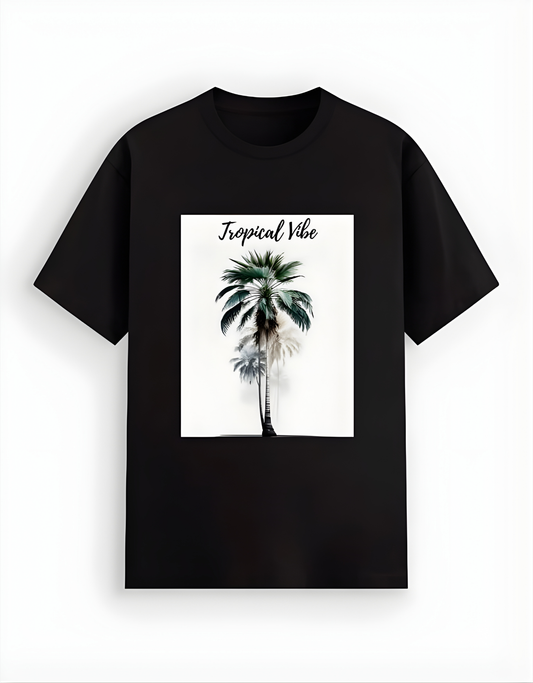 Black t-shirt with a palm tree design and 'Tropical Vibe' text on a white background