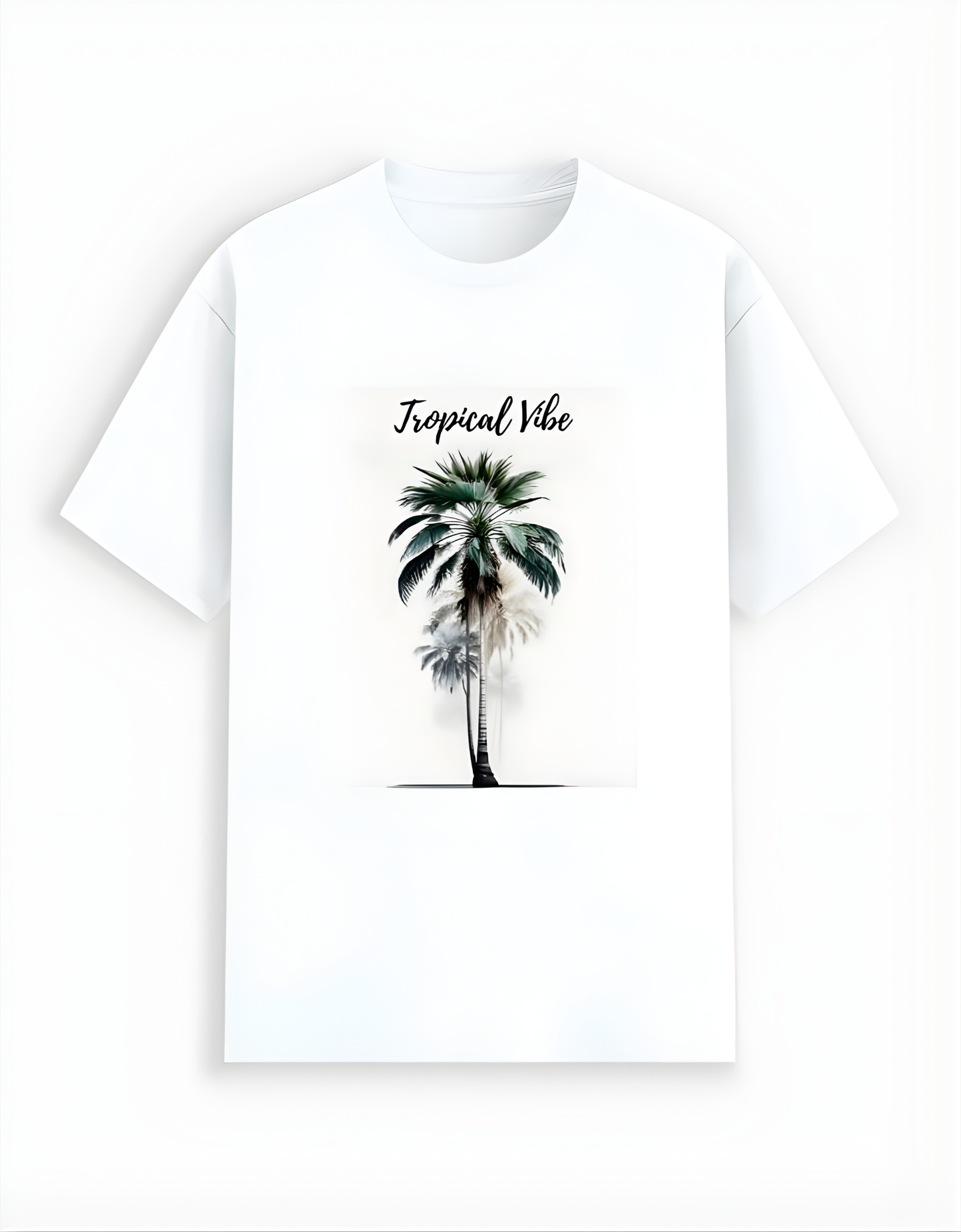 White t-shirt with palm tree design and 'Tropical Vibe' text on a white background