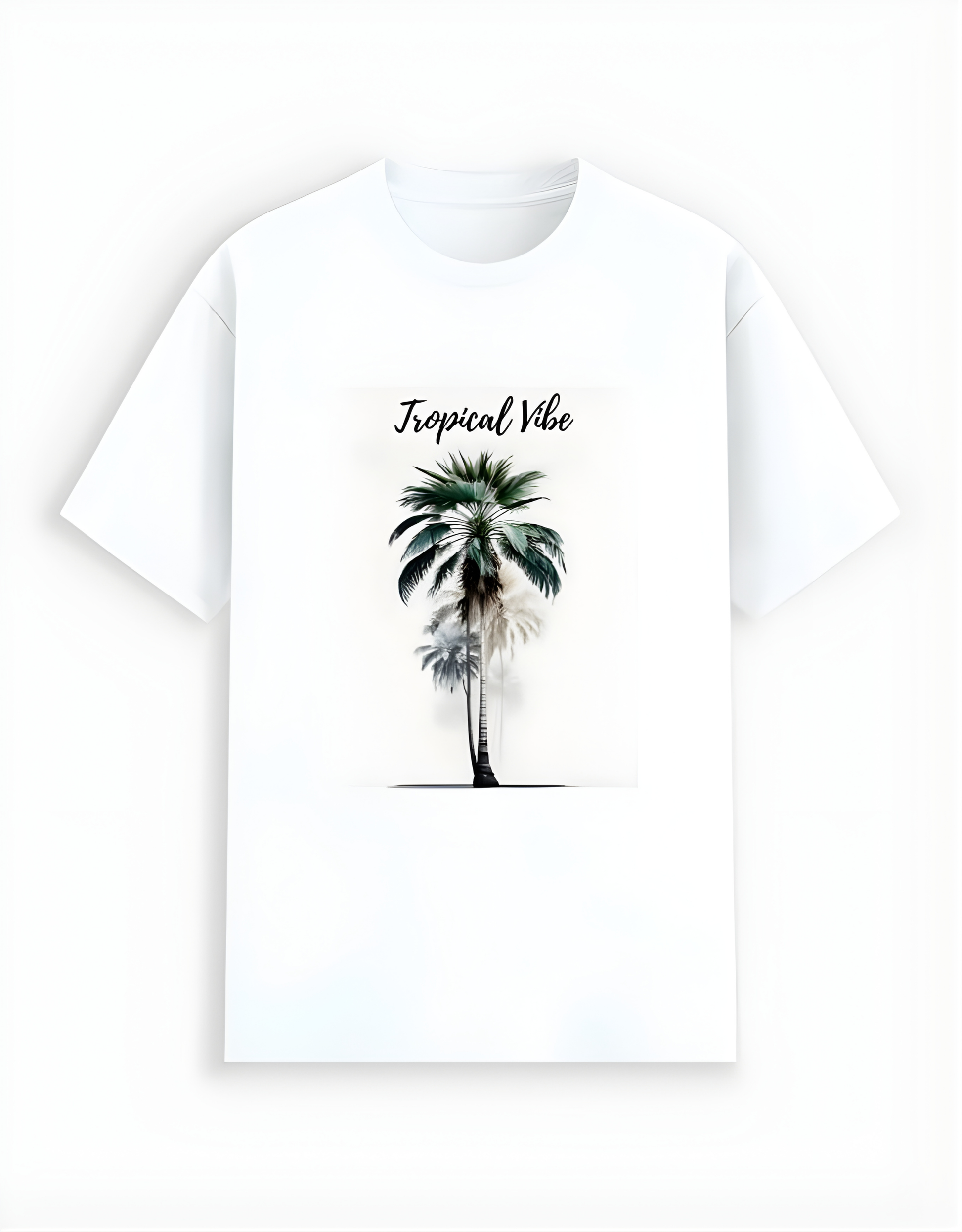 White t-shirt with palm tree design and 'Tropical Vibe' text on a white background