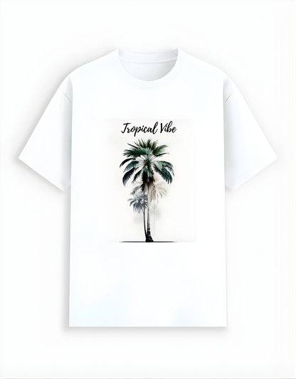 White t-shirt with palm tree design and 'Tropical Vibe' text on a white background